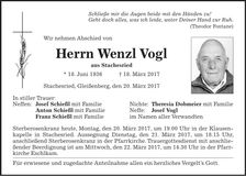 Traueranzeige Wenzl Vogl