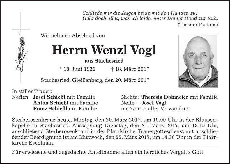 Traueranzeige Wenzl Vogl