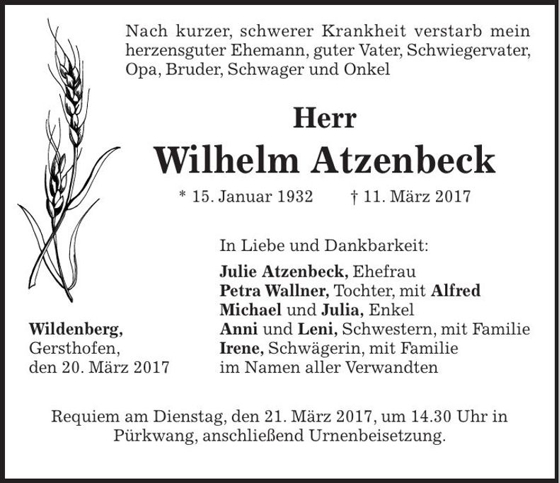 Traueranzeige Wilhelm Atzenbeck
