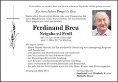 Traueranzeige Ferdinand Breu
