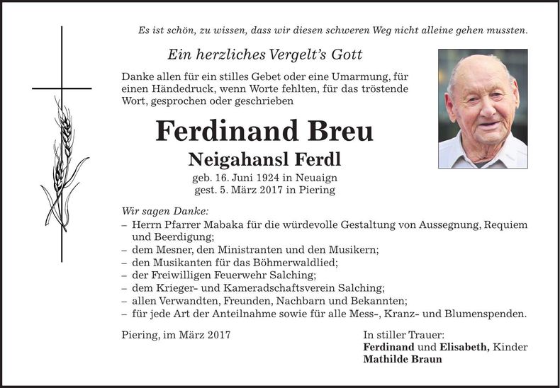 Traueranzeige Ferdinand Breu