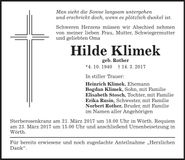 Traueranzeige Hilde Klimek