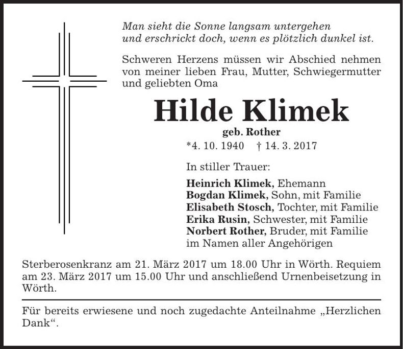 Traueranzeige Hilde Klimek