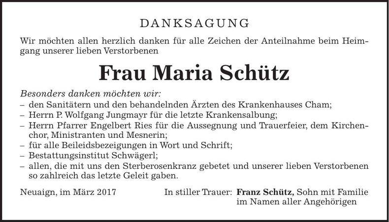 Traueranzeige Maria Schütz