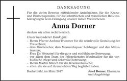 Traueranzeige Anna Dorner