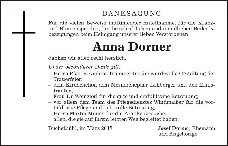 Traueranzeige Anna Dorner