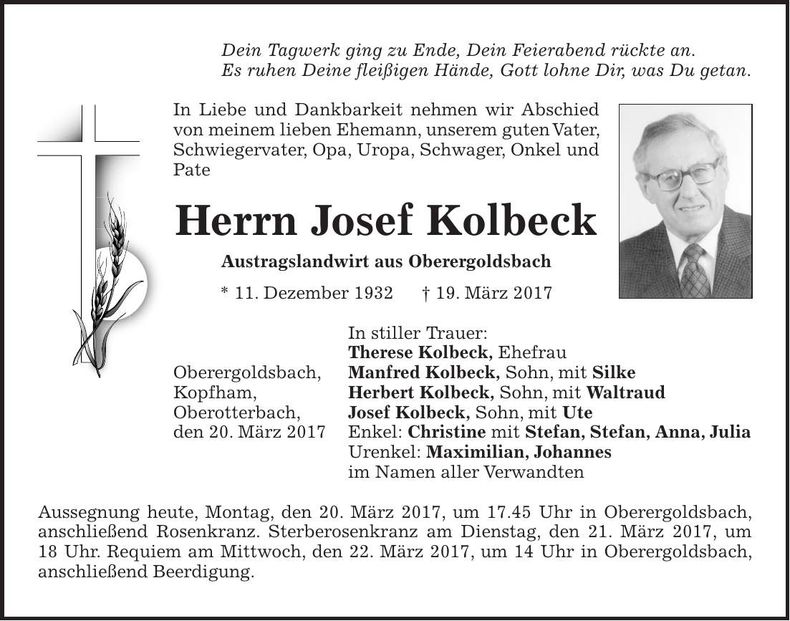 Traueranzeige Josef Kolbeck