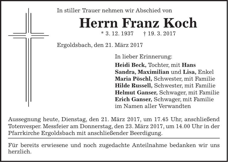 Traueranzeige Franz Koch
