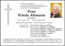 Traueranzeige Frieda Altmann