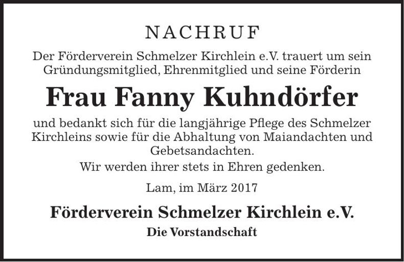 Traueranzeige Fanny Kuhndörfer