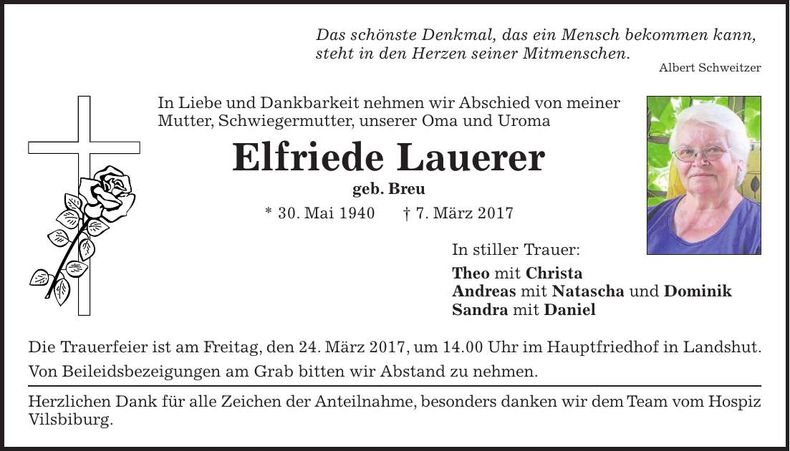 Traueranzeige Elfriede Lauerer