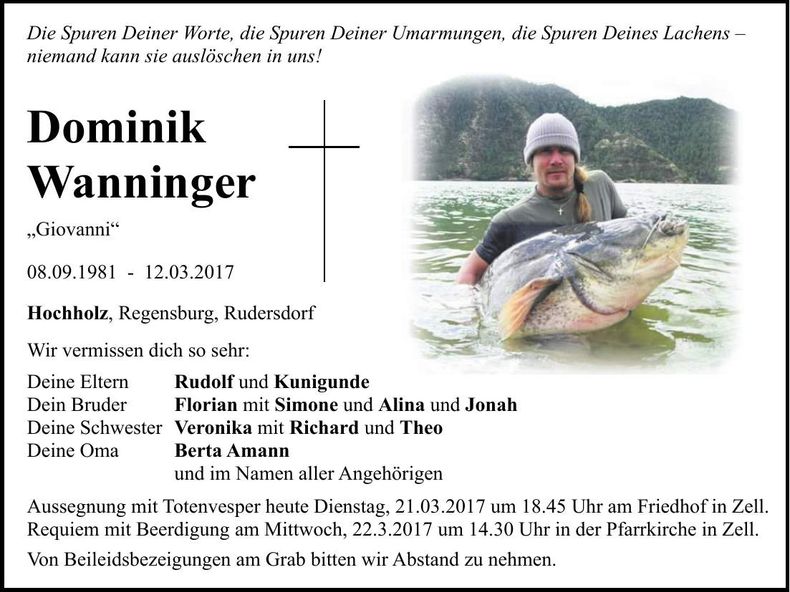 Traueranzeige Dominik Wanninger