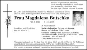 Traueranzeige Magdalena Butschka