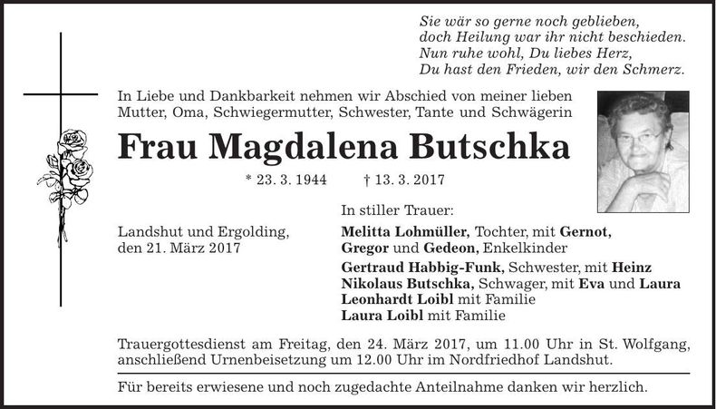 Traueranzeige Magdalena Butschka