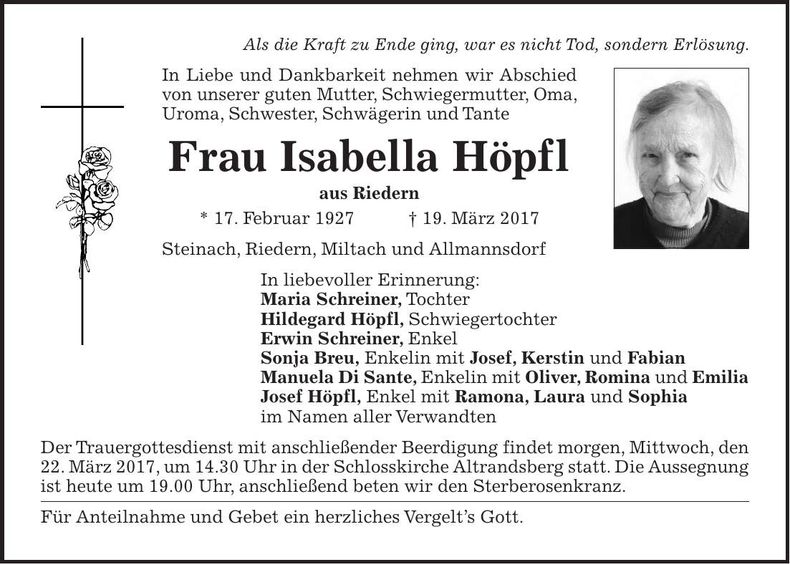 Traueranzeige Isabella Höpfl