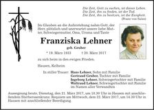 Traueranzeige Franziska Lehner