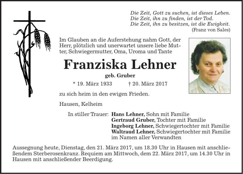 Traueranzeige Franziska Lehner
