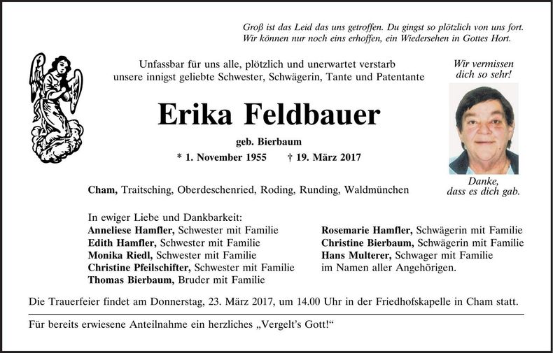 Traueranzeige Erika Feldbauer