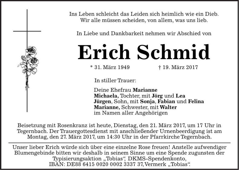 Traueranzeige Erich Schmid