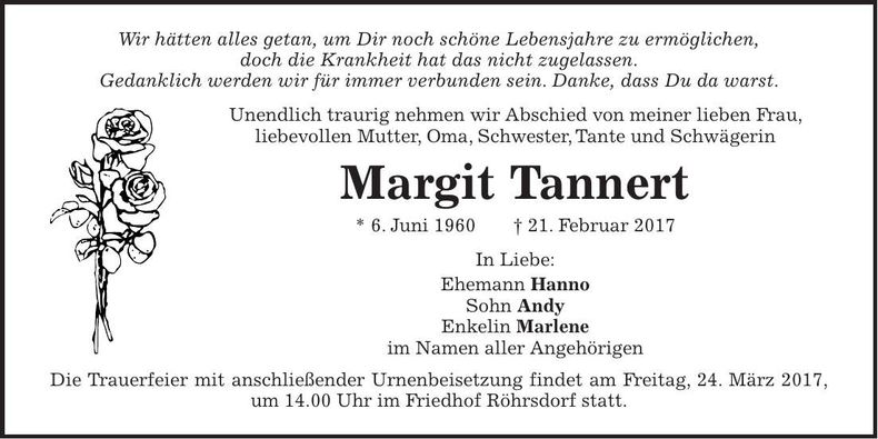 Traueranzeige Margit Tannert