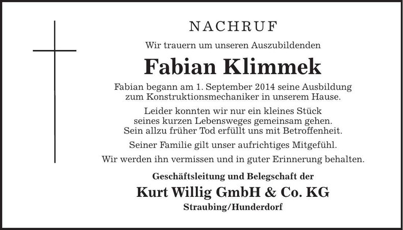 Traueranzeige Fabian Klimmek