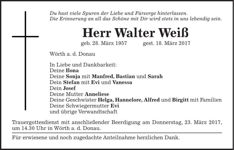 Traueranzeige Walter Weiß