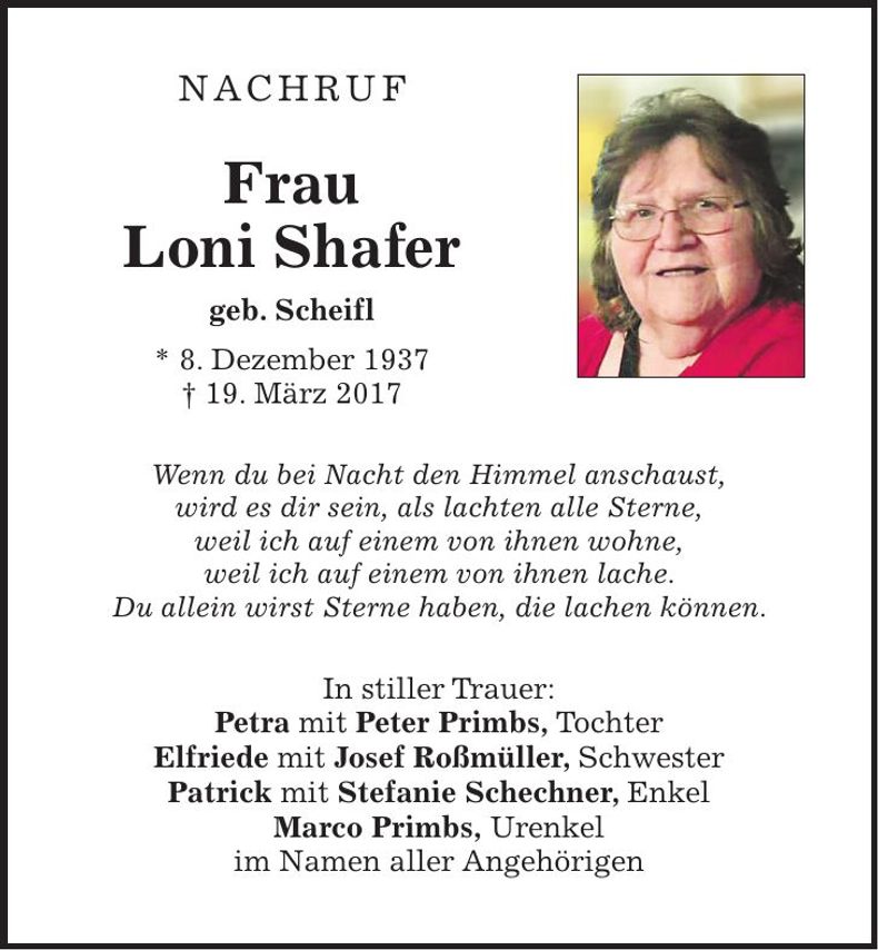 Traueranzeige Loni Shafer