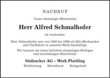 Traueranzeige Alfred Schmalhofer