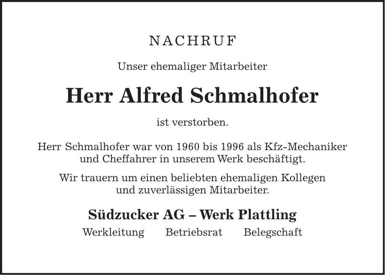 Traueranzeige Alfred Schmalhofer