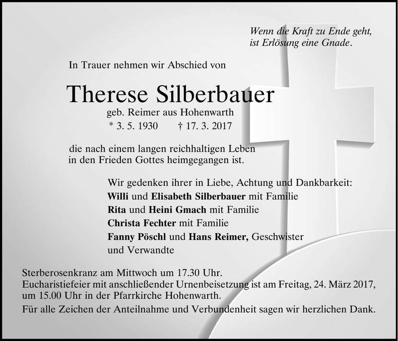 Traueranzeige Therese Silberbauer