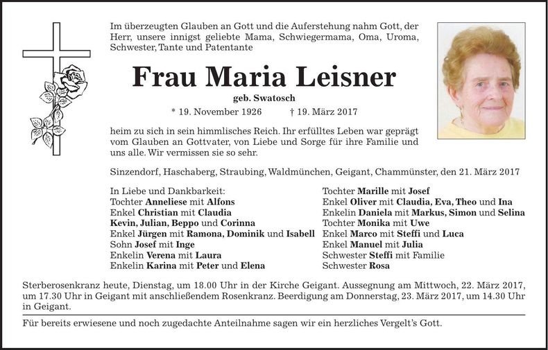 Traueranzeige Maria Leisner