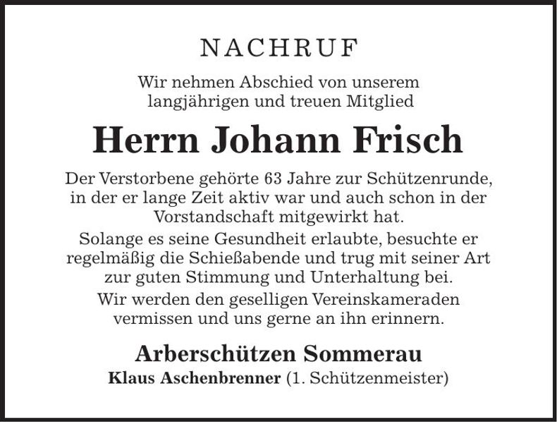 Traueranzeige Johann Frisch