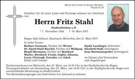 Traueranzeige Fritz Stahl