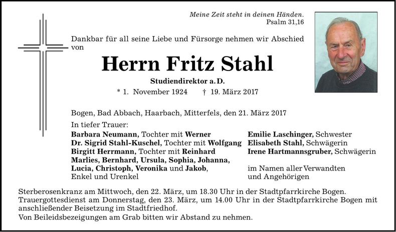 Traueranzeige Fritz Stahl