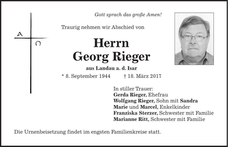 Traueranzeige Georg Rieger