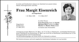 Traueranzeige Margit Eisenreich