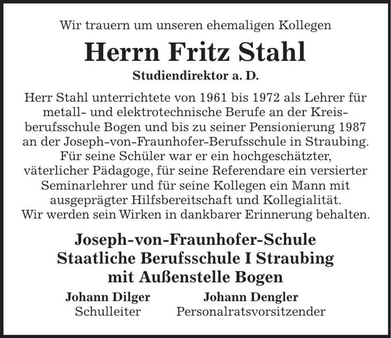 Traueranzeige Fritz Stahl