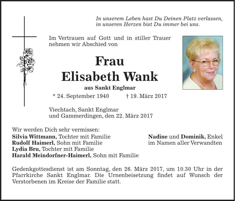 Traueranzeige Elisabeth Wank