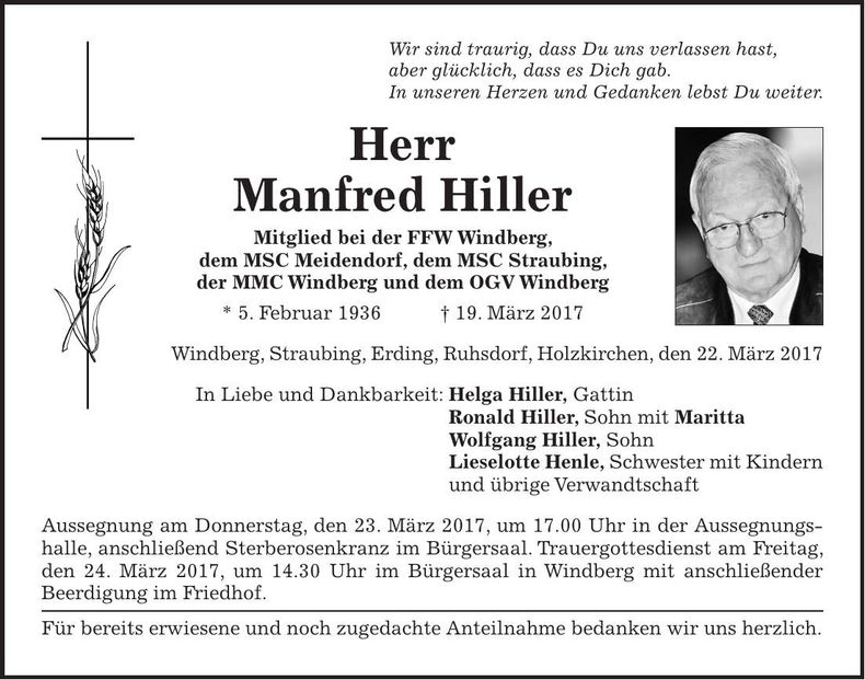 Traueranzeige Manfred Hiller