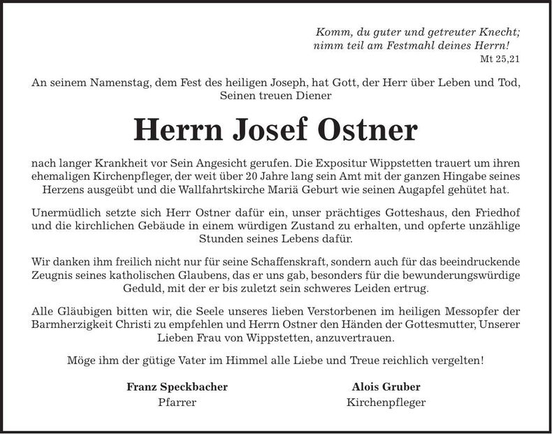 Traueranzeige Josef Ostner