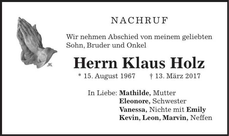 Traueranzeige Klaus Holz