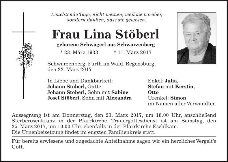 Traueranzeige Lina Stöberl