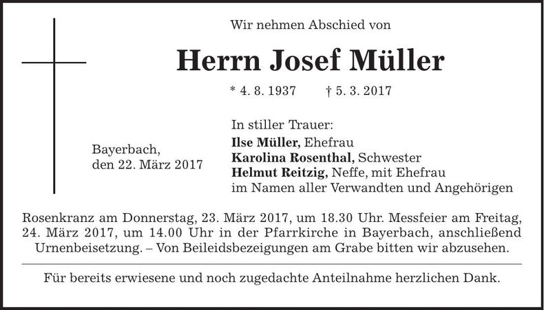 Traueranzeige Josef Müller