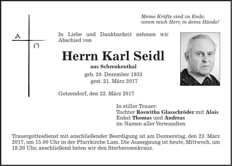 Traueranzeige Karl Seidl