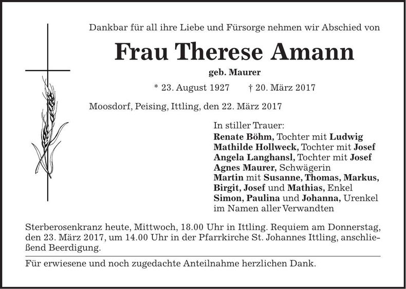 Traueranzeige Therese Amann