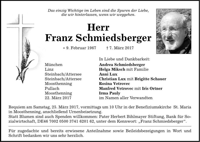 Traueranzeige Franz Schmiedsberger