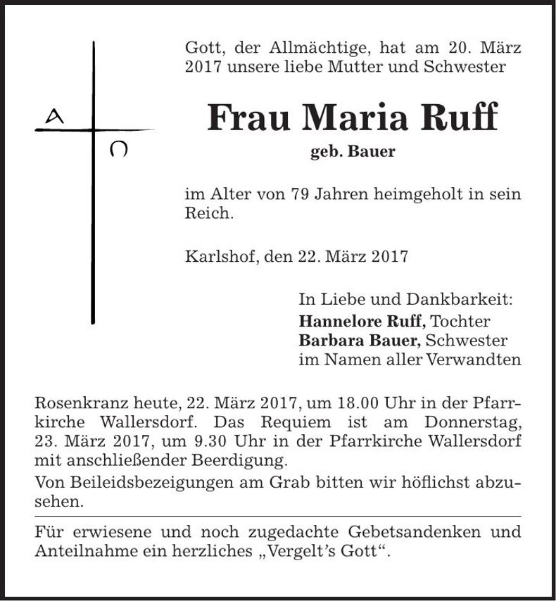 Traueranzeige Maria Ruff