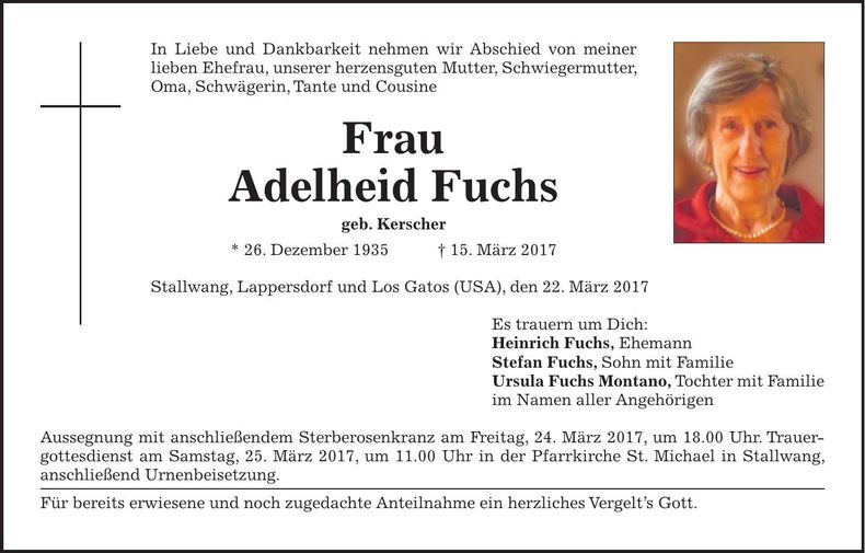 Traueranzeige Adelheid Fuchs