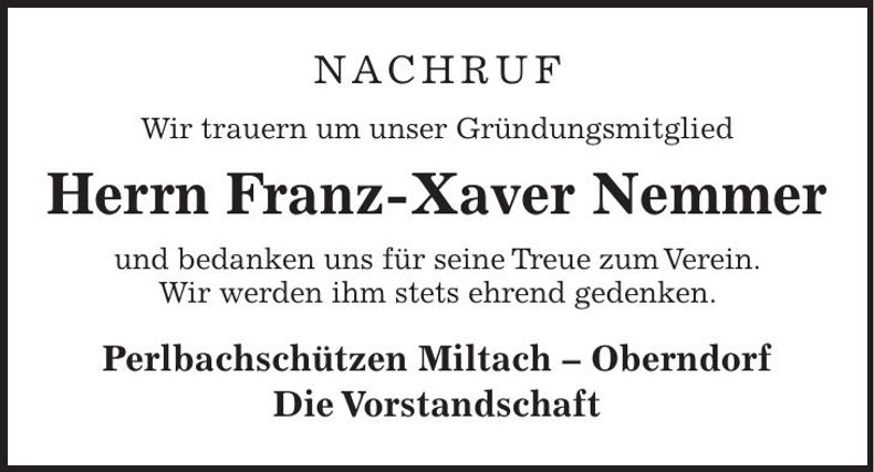 Traueranzeige Franz-Xaver Nemmer