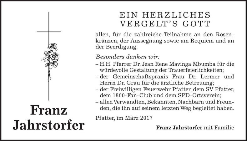 Traueranzeige Franz Xaver Jahrstorfer